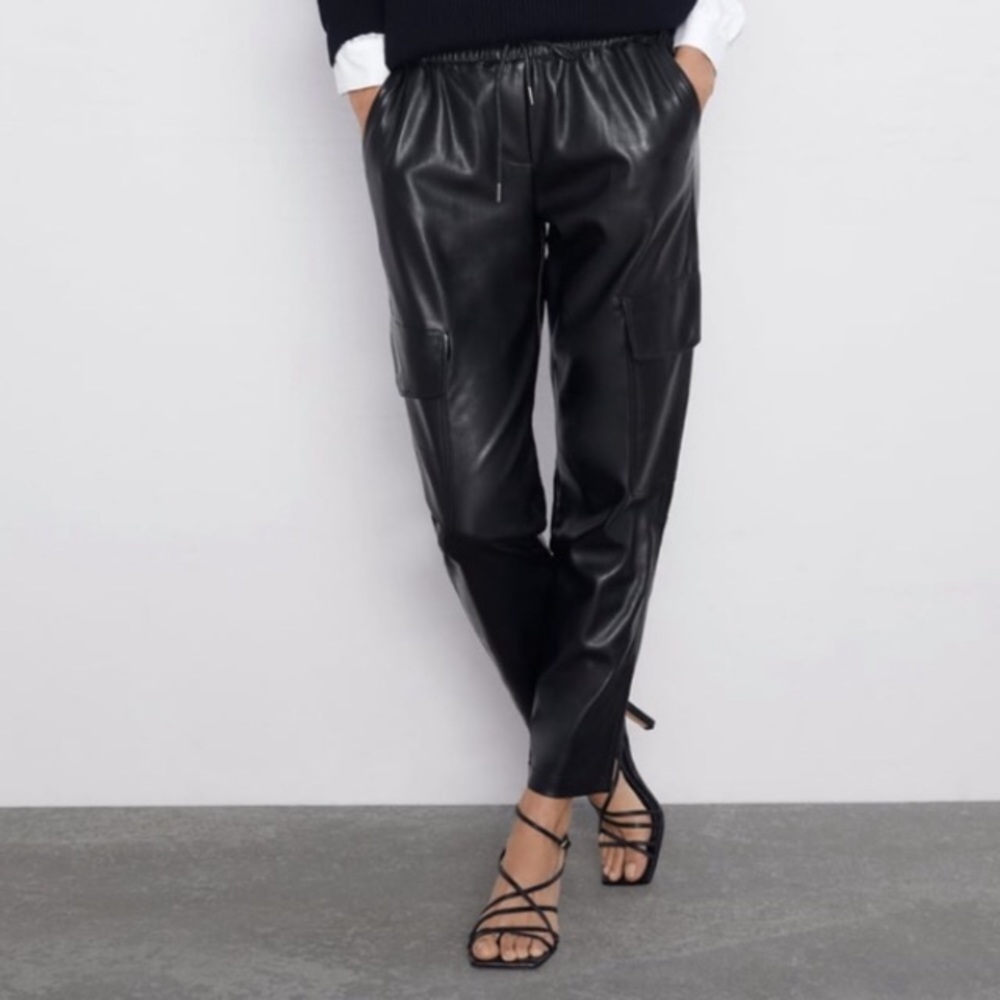 Zara black faux leather cargo pants